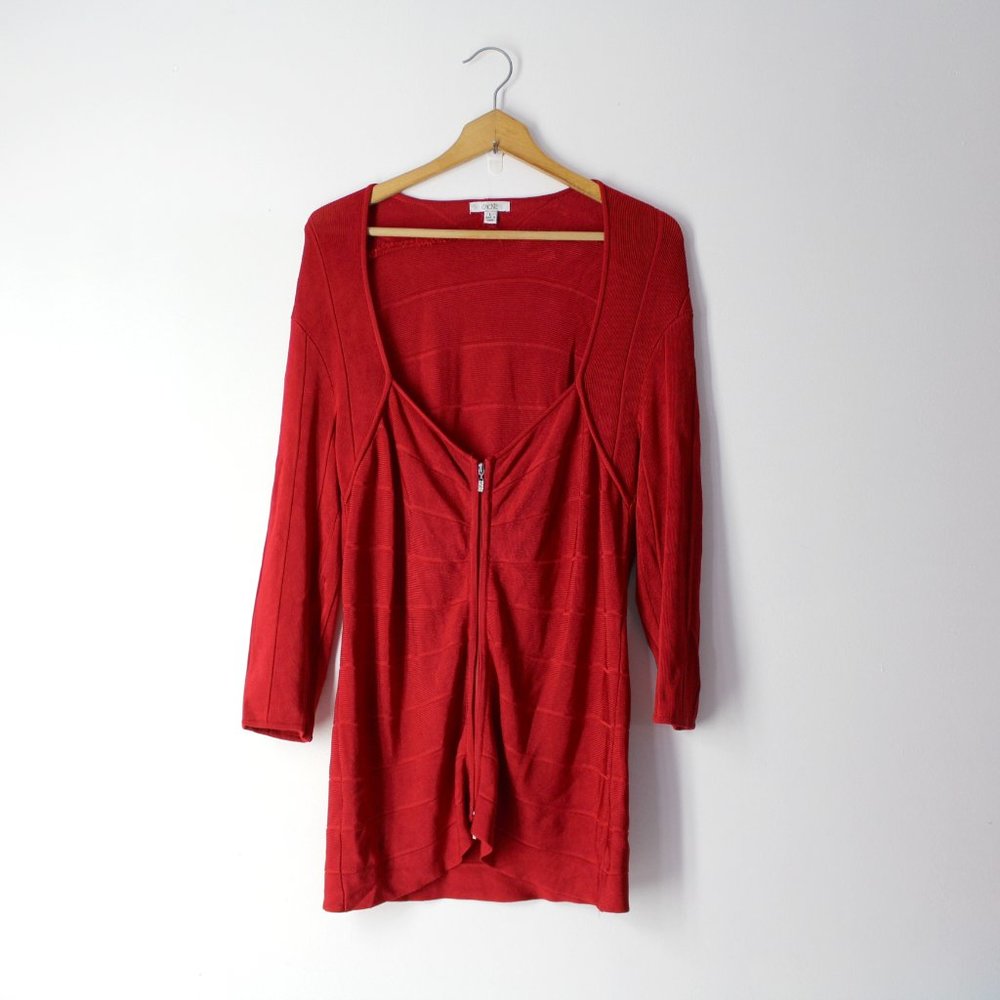 Cache rhinestone zip front cardigan sweater size L red holiday Christmas